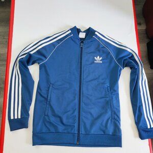 Adidas tracksuit boys size M blue with 3 white stripes full zip, zip pockets